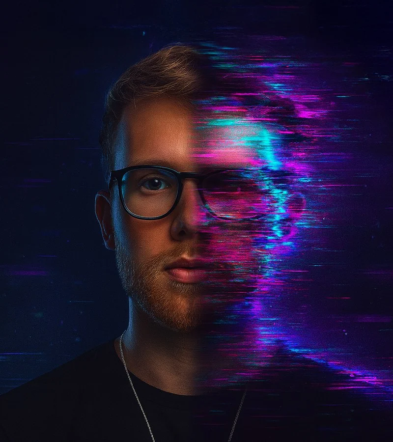 Porträt mit digitalem Glitch-Effekt im Gesicht, Symbol für KI und Desinformation.
