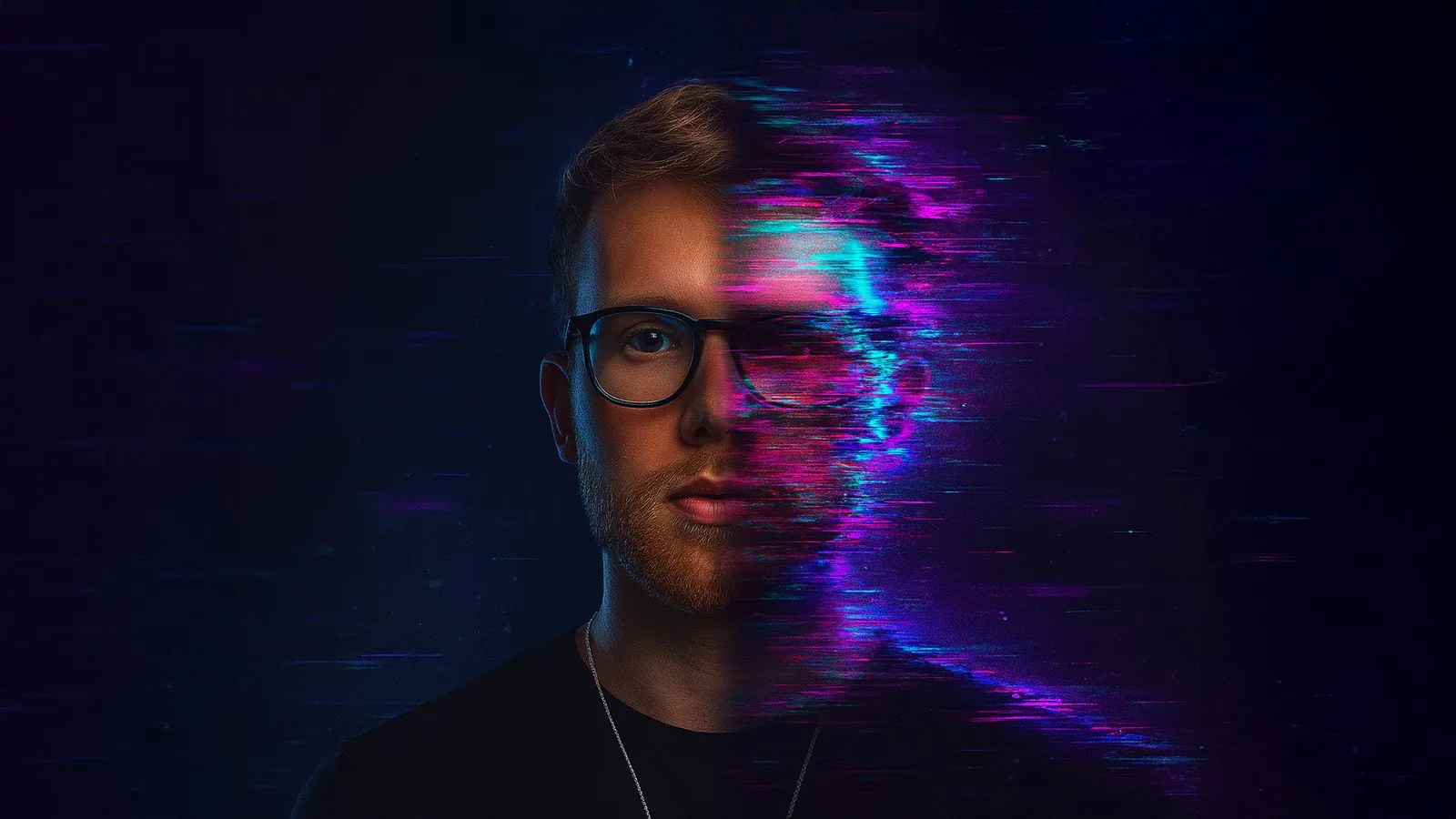 Beitragsbild: ein Porträt mit digitalem Glitch-Effekt im Gesicht, Symbol für KI und Desinformation.