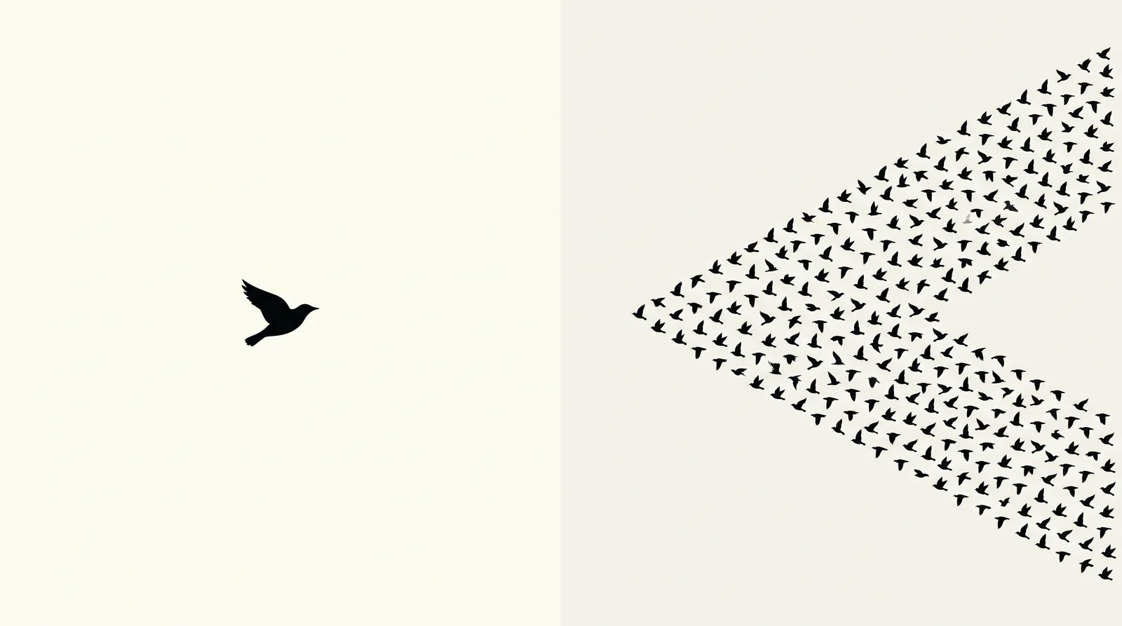 Grafik mit zwei Hälften: Links, beschriftet mit „Einzelfall“, fliegt ein einzelner Vogel. Rechts, beschriftet mit „System“, ein riesiger Schwarm aus Hunderten Vögeln.