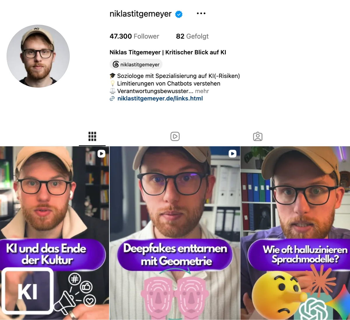 Mein Instagram-Kanal mit 47.300 Followern und Videos zu Deepfakes, Halluzinationen und KI