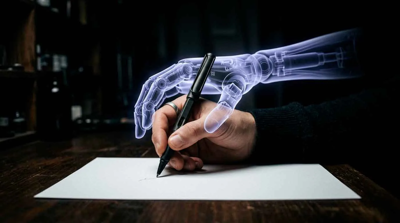 Symbolbild: eine menschliche Hand schreibt mit einem Stift, überlagert von einem transparenten Roboterarm, als Sinnbild für den KI-Einfluss auf das eigene Denken.