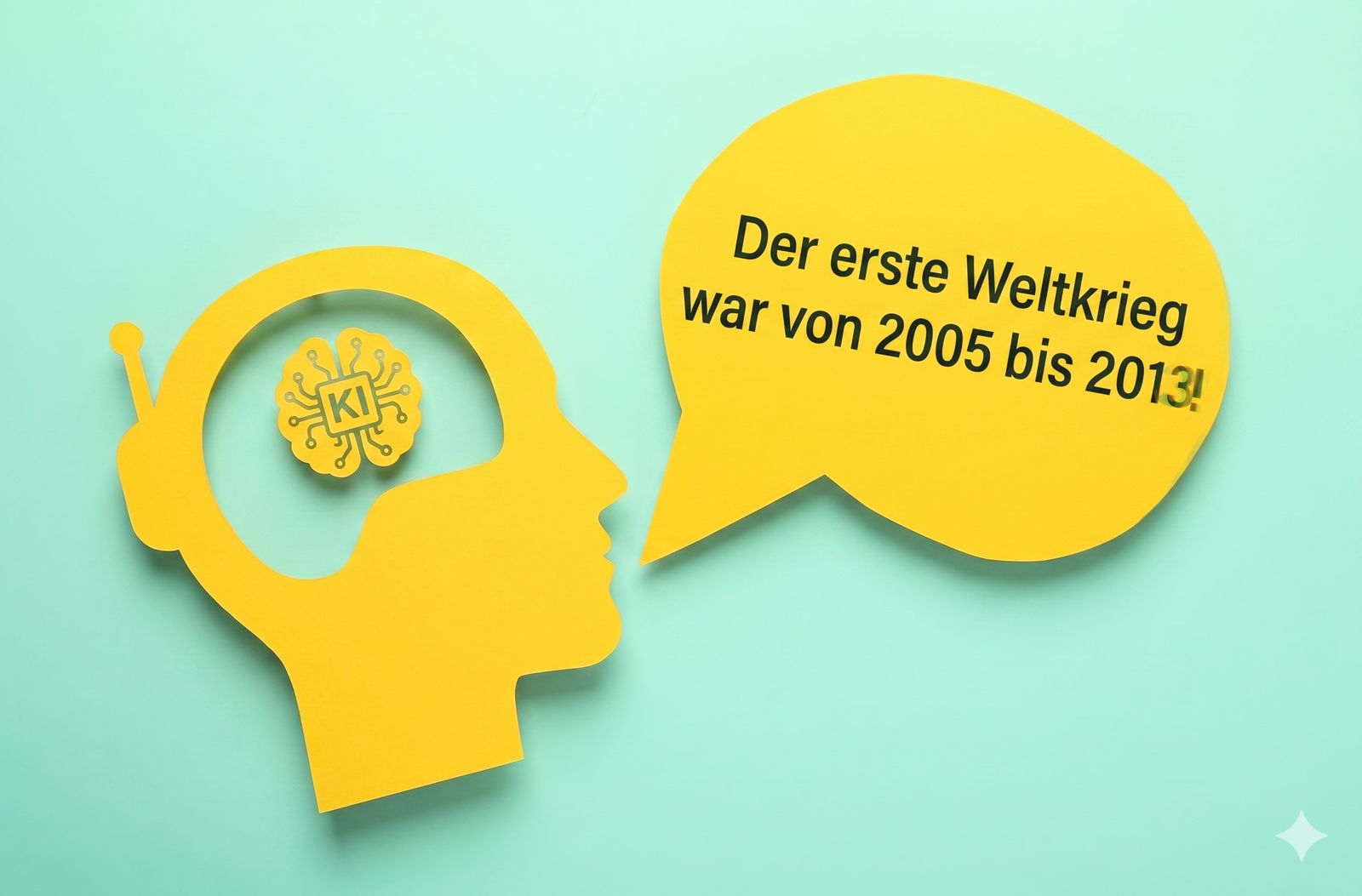 Gelber Kopf mit ChatGPT-Logo und Sprechblase mit der falschen Aussage, der Erste Weltkrieg habe von 2005 bis 2013 gedauert. Sinnbild für Halluzinationen von Sprachmodellen.
