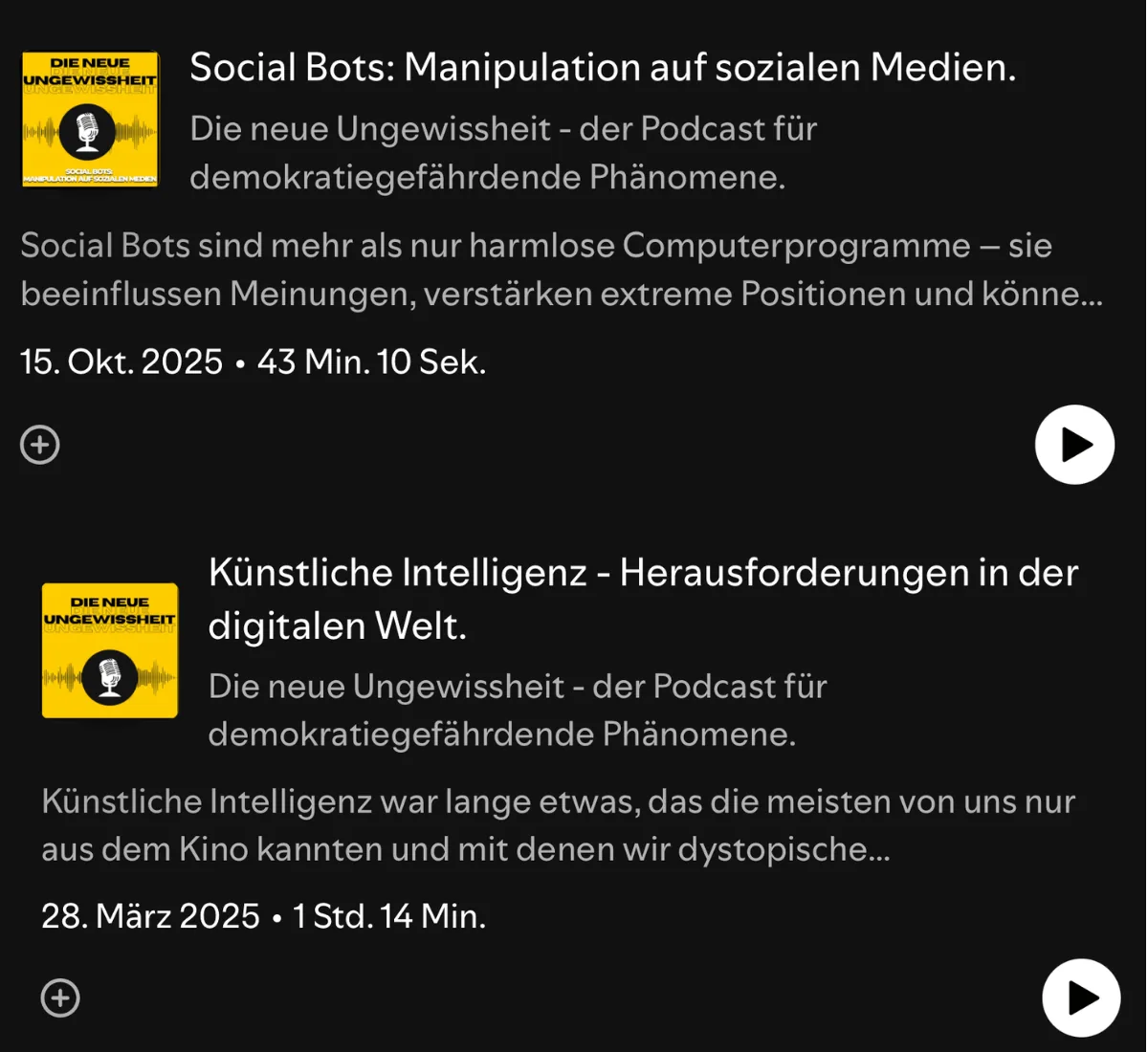 Zwei Folgen meines Podcasts „Die neue Ungewissheit“ zu Social Bots und künstlicher Intelligenz