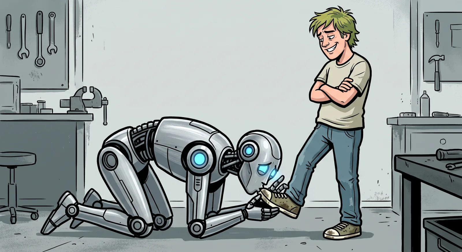 Comiczeichnung: Ein Roboter kniet in einer Werkstatt und poliert den Schuh eines Mannes, der selbstzufrieden mit verschränkten Armen danebensteht.